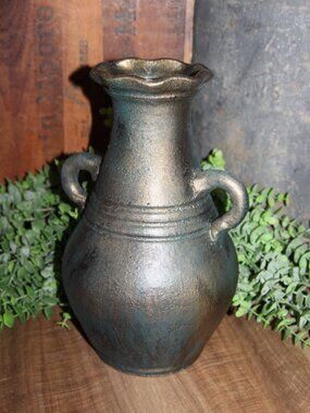 Large Dark Moody Teal Gold & Black Old World French Country Pottery Vessel Vase